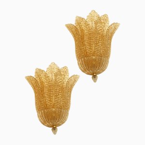 Transparent and Gold Graniglia Leaf Murano Glass Wall Sconces by Simoeng, Set of 2