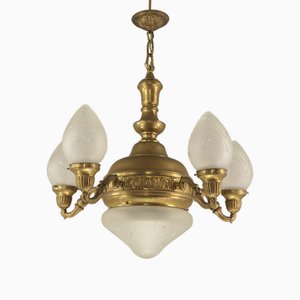 Chandelier in Brass with Cut Glass Shades, Budapest, 1930s