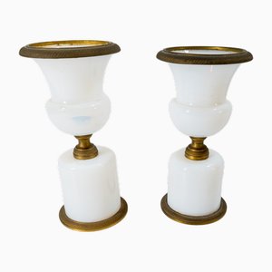 French White Opaline Glass Urn Vases, Set of 2