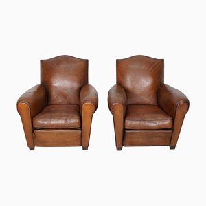 French Cognac Moustache Back Leather Club Chairs, 1940s, Set of 2