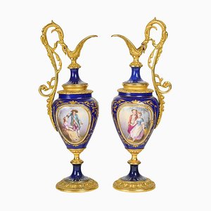 Aiguières Napoléon III en Bronze Doré et Porcelaine Bleu Royal, 19ème Siècle, Set de 2