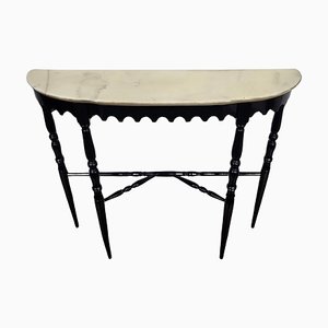 Midcentury Italian Wood and Brass Wall Console Table with Marble Top, 1950s