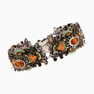 19th Century French Citrine Pearl Enamel Silver Bracelet