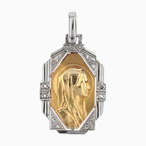 Art Deco French Diamonds 18 Karat Yellow and White Gold Virgin Mary Medal, 1930s