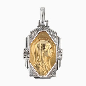 Medaglia Art Deco della Vergine Maria in oro giallo e bianco a 18 carati, Francia, anni '30