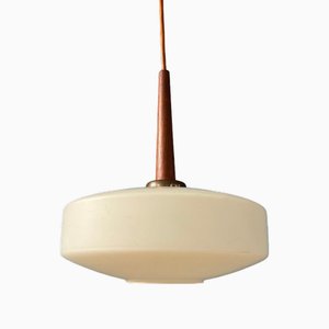 Lampada a sospensione Mid-Century in vetro lattimo con tappo in teak di Louis Kalff per Philips