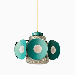 Space Age Pendant Lamp with Glass Shade and Green/Blue Metal Frame