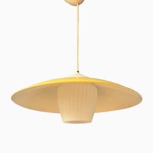Mid-Century Danish Pendant Lamp with Yellow Metal Cover and Opaline Glass Shade