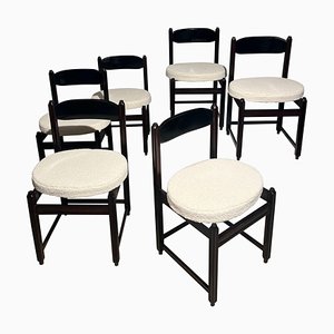 Vintage Dark Wood and White Soft Fabric Dining Chairs, 1960s, Set of 6
