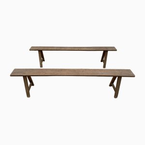 Oak Wooden Farm Benches, 1890s, Set of 2