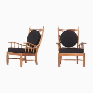 Vintage Armchairs in Oak and Terry Fabric, 1950, Set of 2