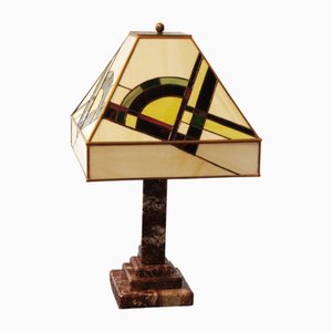 Lámpara de mesa Art Déco de mármol y vitral, años 20