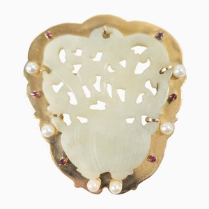 Chinesische Brosche aus 14 Karat Gold mit Perlen und Rubinen