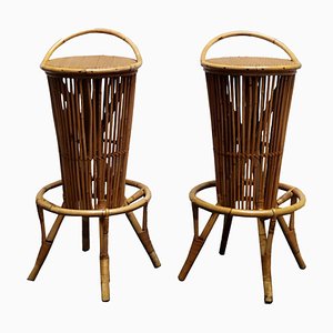 Italienische Barhocker aus Bambus & Rattan von Tito Agnoli, 1960er, 2er Set