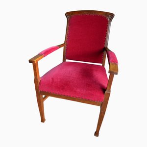 Antique Oak Armchair with Red Velvet, 1890s