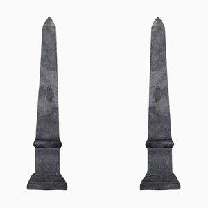 Small Black and Grey Marble Obelisks, Set of 2