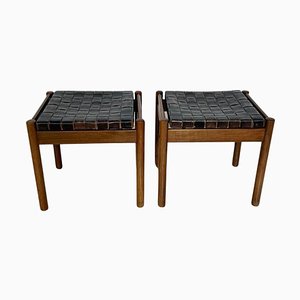 Mid-Century Modern Brown Leather and Wood Stools, Set of 2