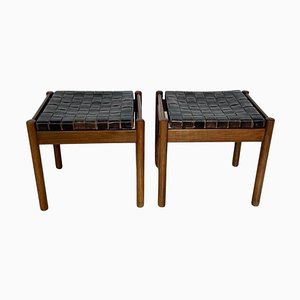 Sgabelli Mid-Century moderni in pelle marrone e legno, set di 2