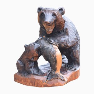 Large Carved Wooden Bear with Cub and Salmon