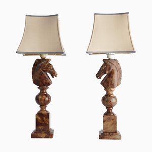 Hand-Carved Brown Alabaster Knight Horse Head Table Lamps, 1970s, Set of 2