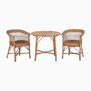 Vintage Wicker Outdoor Table and Chairs, 1920, Set of 3