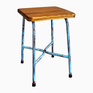 Sgabello in stile industriale in legno e metallo, Francia, anni '50