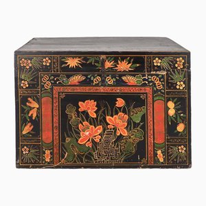 Antique Wooden Box with Illustrations of Lotus Flowers, 1900s