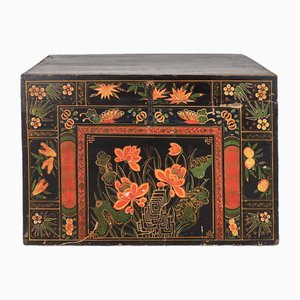 Boîte Antique en Bois avec Illustrations de Fleurs de Lotus, 1900s