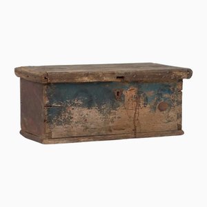 Small Antique Wooden Trunk with Bluish Tones, 1890s
