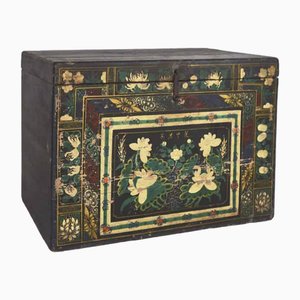 Antique Wooden Trunk with Floral Illustrations, China, 1900s