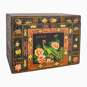 Antique Wooden Trunk with Illustrated Peacock, 1900s