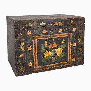 Antique Chinese Trunk Illustrated with Lotus Flowers, 1900s