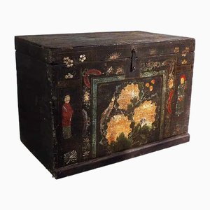 Chinese Wooden Trunk with Illustrations of Mandarins and Flora, 1900s