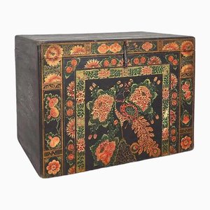 Antique Chinese Wooden Trunk with Peacock Illustrations, 1900s