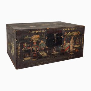 Antique Wooden Chest with Porcelain Vase Illustrations, 1900s