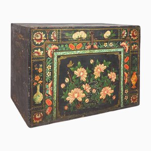 Antique Chinese Trunk with Floral Illustrations, 1900s