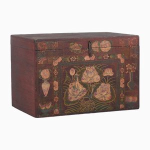 Antique Chinese Trunk with Illustrations of Flowers and Vases, 1900s