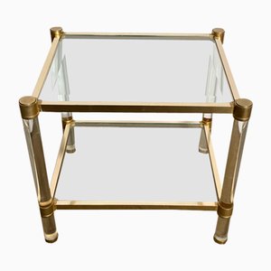Mesa de centro de metal dorado, vidrio y vidrio acrílico, años 50