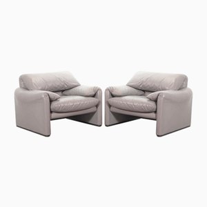 Grey Leather Maralunga Lounge Chairs by Vico Magistretti for Cassina, 1970s, Set of 2