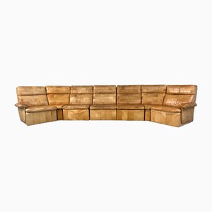 Vintage Brown Patchwork Leather Modular Sofa, 1970s, Set of 7
