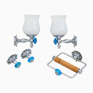 French Blue Glass Flower Wall Light Sconces in Chrome and Opaline, 1960s, Set of 2
