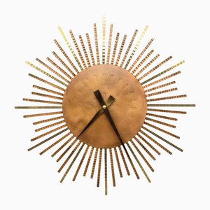 Horloge Murale Sunburst Mid-Century en Laiton et Cuivre par Zentra, 1950s