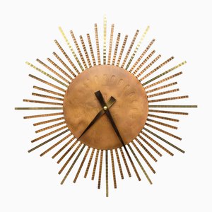 Mid-Century Sunburst Wall Clock in Brass and Copper by Zentra, 1950s