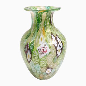 Postmodern Millefiori Green Murano Glass Vase with Murrines and Gold Leaf, Italy, 1980s