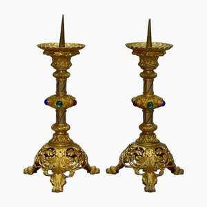 Candeleros de bronce dorado y latón, década de 1900. Juego de 2