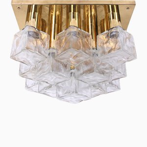 18 Cubist Flush Mount Chandelier in Brass and Ice Glass by J. T. Kalmar for Kalmar, Austria, 1960s