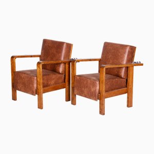 Art Deco Adjustable Armchairs in Oak, Leather, Czech, 1930s, Set of 2