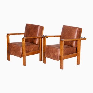 Set of Art Deco Adjustable Armchairs in Oak, Leather, Czech, 1930s