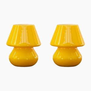 Lámparas de mesa italianas vintage en forma de hongo amarillo de cristal de Murano. Juego de 2