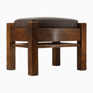 Arts & Crafts Oak and Leather Mission Stool by Liberty, Circa 1900
